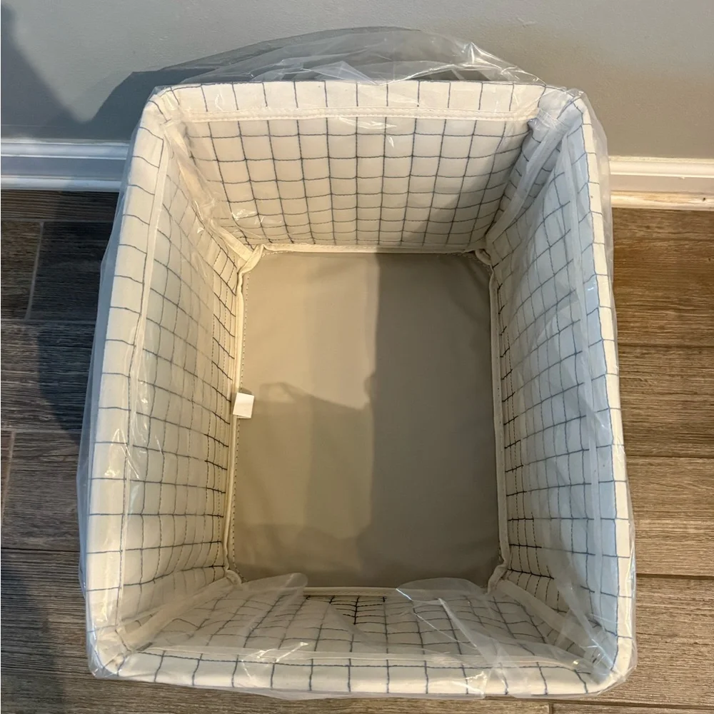 The Container Store Cream and Blue Grid Storage Basket (2)